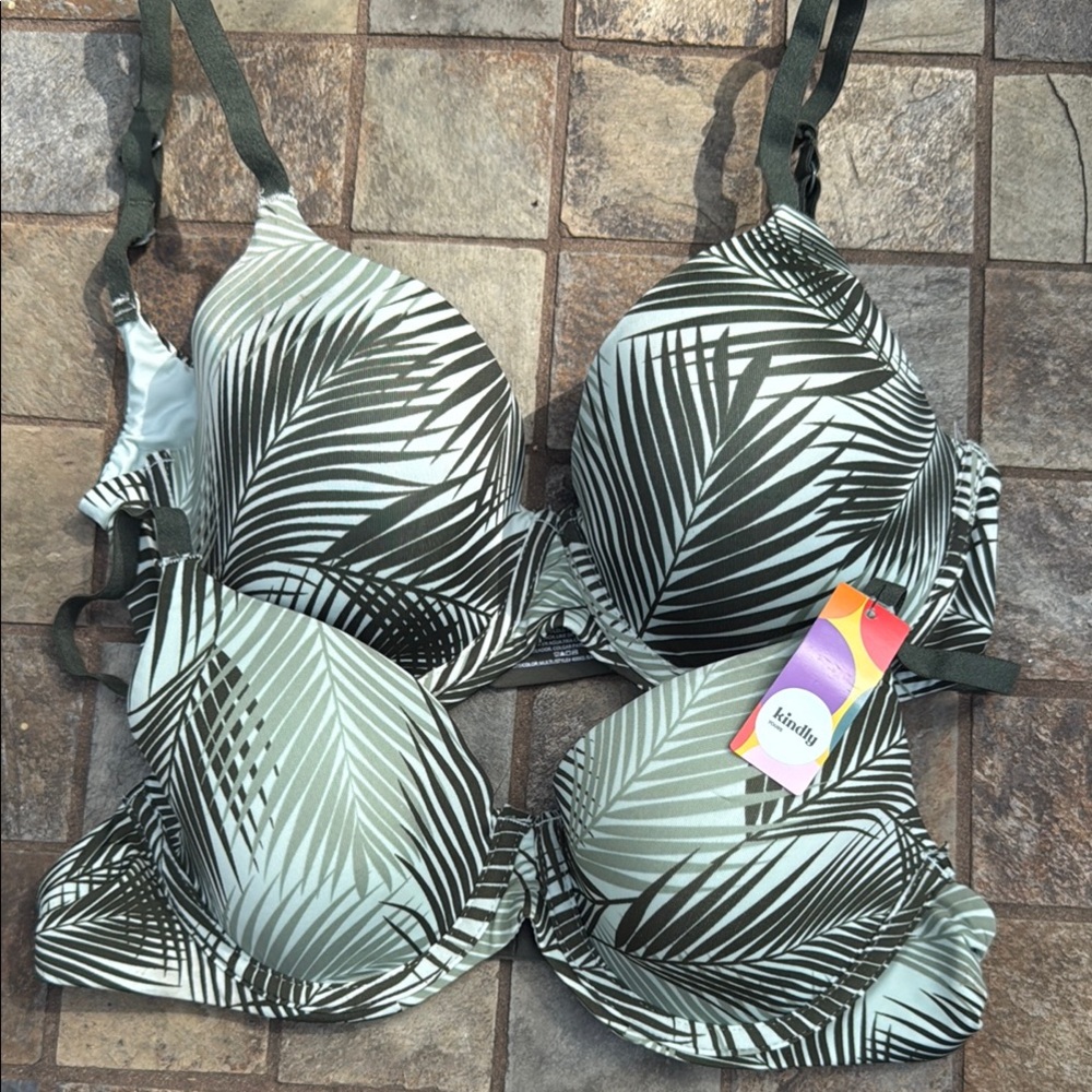 Green and Black Palm Leaf Print Molded Cup Bra